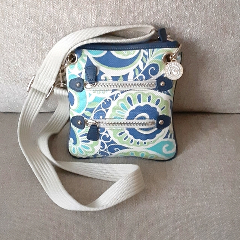 Spartina multi color print linen and leather crossbody bag